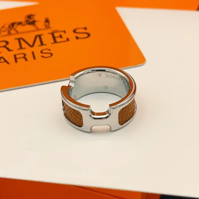 Hermes Brown Leather H Silver Ring