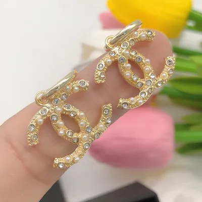 Chanel Classic Double C Pearl Earrings with Rhinestones