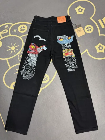 Evisu Fuku God Bodhidharma Big M Heavy Embroidery Denim Pants Unisex