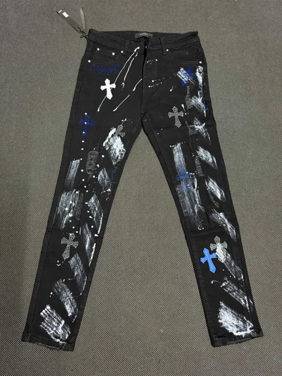 AMIRI Black Cross Rhinestone Embroidery Washed Denim Skinny Jeans