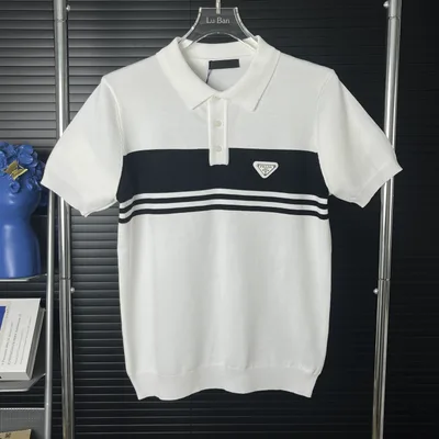 PRADA Color-Block Metal Triangle Logo Knit Polo Short Sleeve