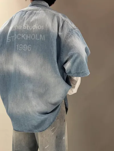 Button-Front Short Sleeve Shirt with Back Print Logo