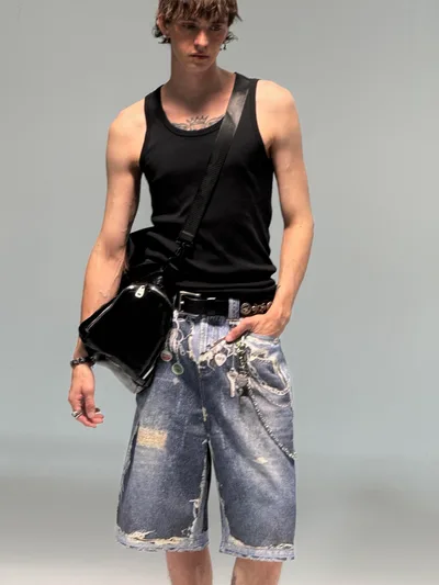 Acne Studios Trompe L'Oeil Print Distressed Denim Shorts