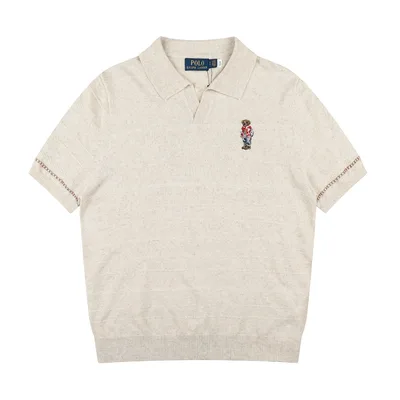 Ralph Lauren Classic Bear Embroidery V-Neck Tencel Linen Knit Short Sleeve T-Shirt