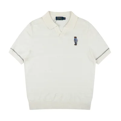 Ralph Lauren Classic Bear Embroidery V-Neck Tencel Linen Knit Short Sleeve T-Shirt