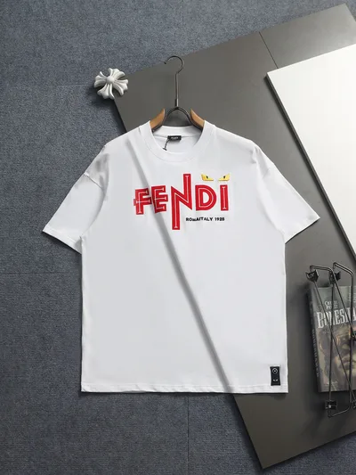 FENDI Round Neck Short Sleeve T-Shirt with Monster Embroidery and FF Print