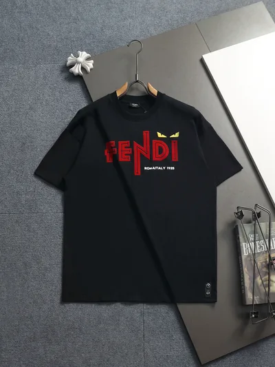 FENDI Round Neck Short Sleeve T-Shirt with Monster Embroidery and FF Print