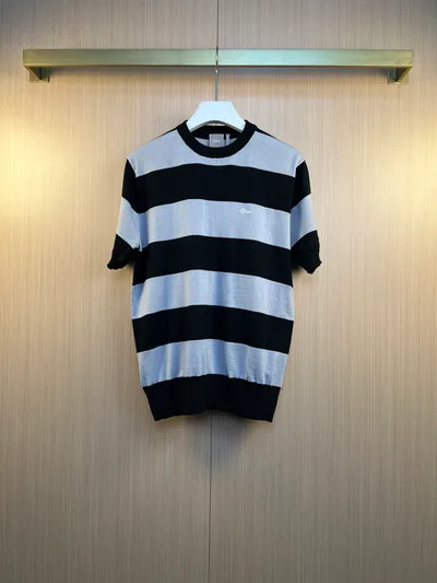 DIOR 26SS Summer Letter Embroidery Color-Block Striped Knit Short Sleeve T-Shirt