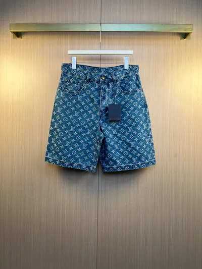 1V Louis 26SS Full Print Logo Washed Denim Shorts