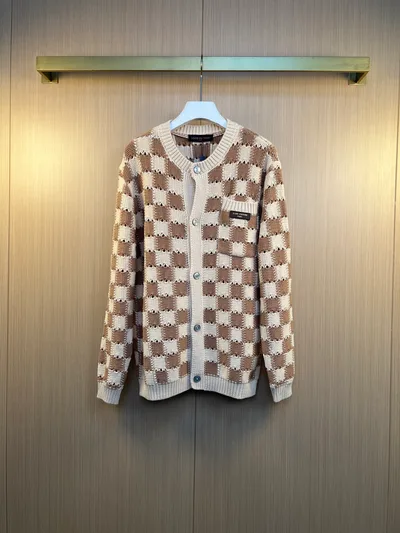 1V Louis 26SS Colorblock Hollow Checkerboard Leather Patch Logo Knit Cardigan Jacket