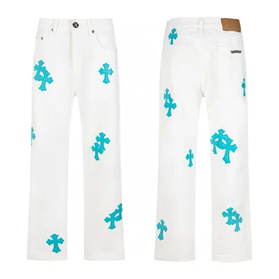 Chrome Hearts White Jeans with Green Leather Patchwork