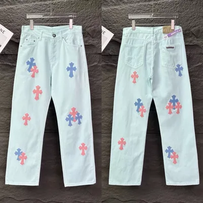 CHROME HEARTS 25SS Dopamine Light Blue Cross Patch Washed Denim Jeans