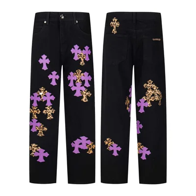 Chrome Hearts Black Denim with Purple Leopard Print and Cross Patch
