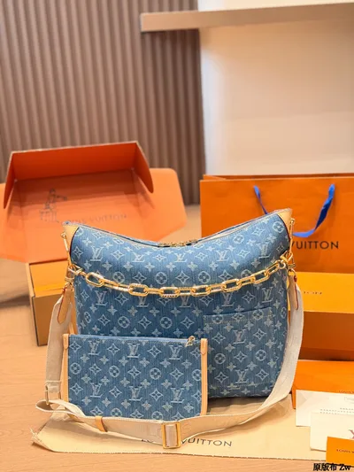 LV Denim Blue Medium Tote Bag with Monogram Pattern