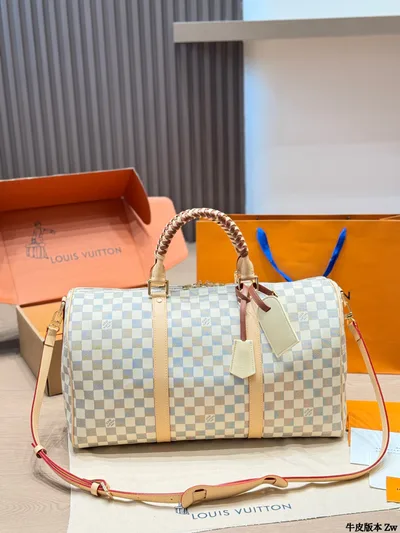 LV White Checkered Keepall Travel Bag