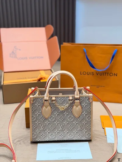 LV Onthego Gray Denim Tote Bag