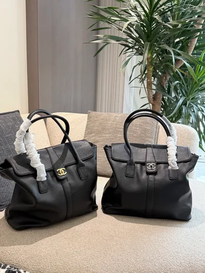 Chanel Black Gold Caviar Leather Long Handle Tote Bag