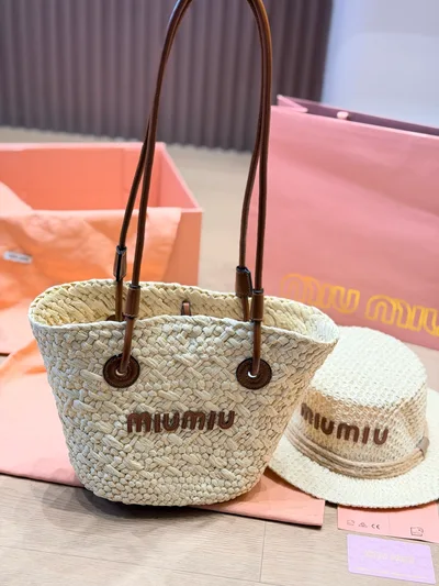 MiuMiu Straw Woven Tote Bag with Leather Handles
