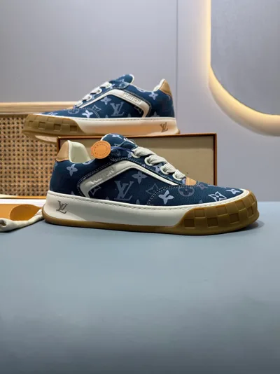 Denim Blue Monogram Couple Thick Sole Casual Sneakers